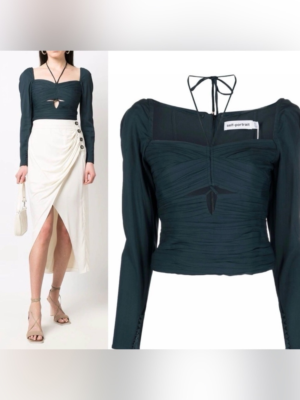 Self Portrait Slate Stretch Crepe
Cut Top size 6 Rouched Dark Blue Green